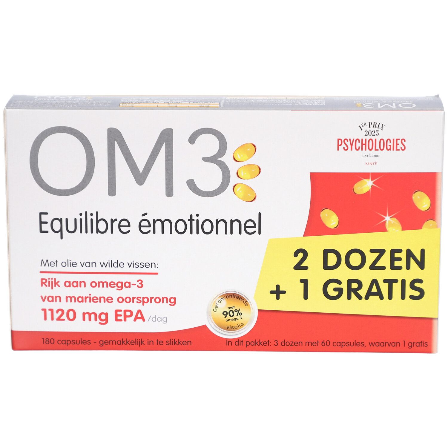 Boîte blanche avec logo OM3 et texte. Inscription: Equilibre émotionnel. 2 Dozen + 1 Gratis. Contient des gélules. Logo Psychologies.