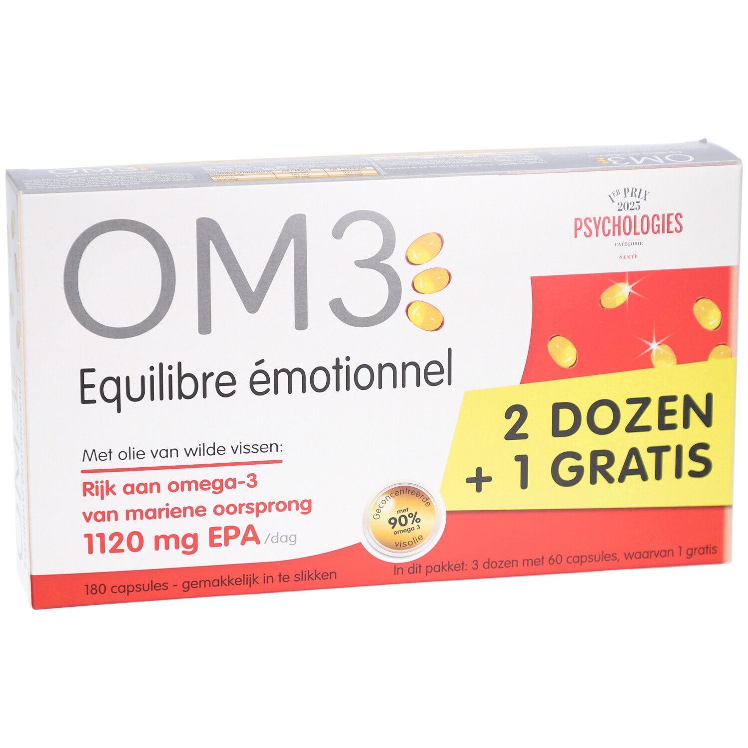 Boîte blanche avec logo OM3 et texte. Inscription: Equilibre émotionnel. 2 Dozen + 1 Gratis. Contient des gélules. Logo Psychologies.