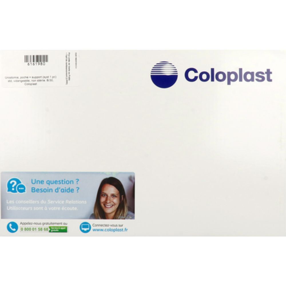 Emballage blanc Coloplast. Logo bleu. Autocollant avec informations de contact et photo d'une femme.