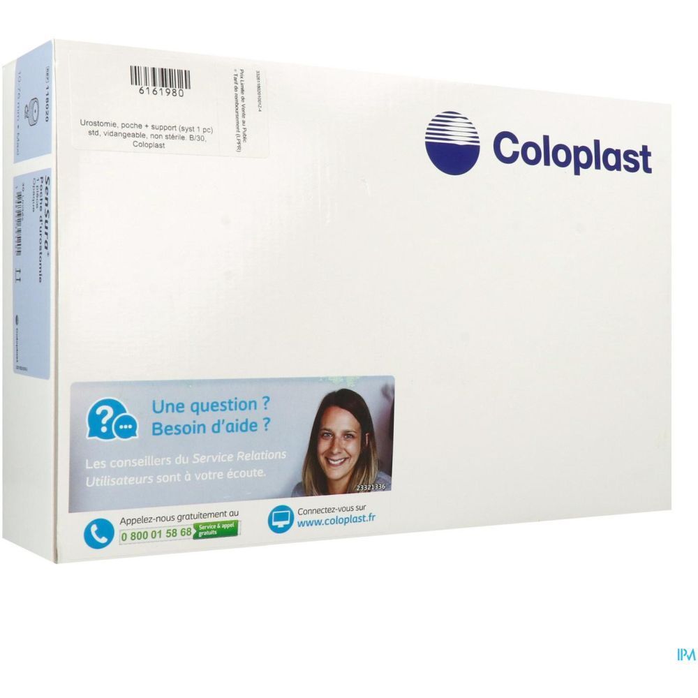 Emballage blanc Coloplast. Logo bleu. Autocollant avec informations et photo d'une femme. Nom du produit et code-barres.