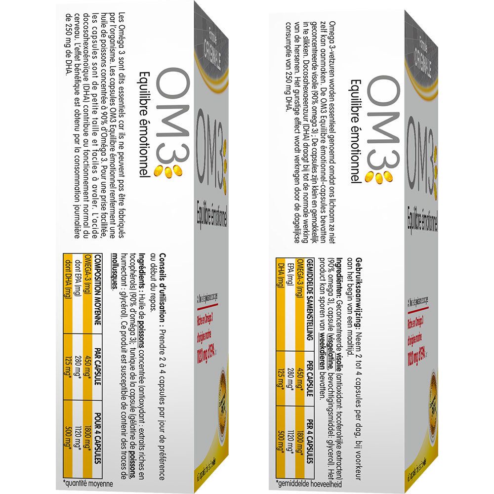 Vue latérale de la boîte OM3 Equilibre émotionnel®. Texte : « Les Oméga 3 sont des essentiels ». Contient 60 capsules.
