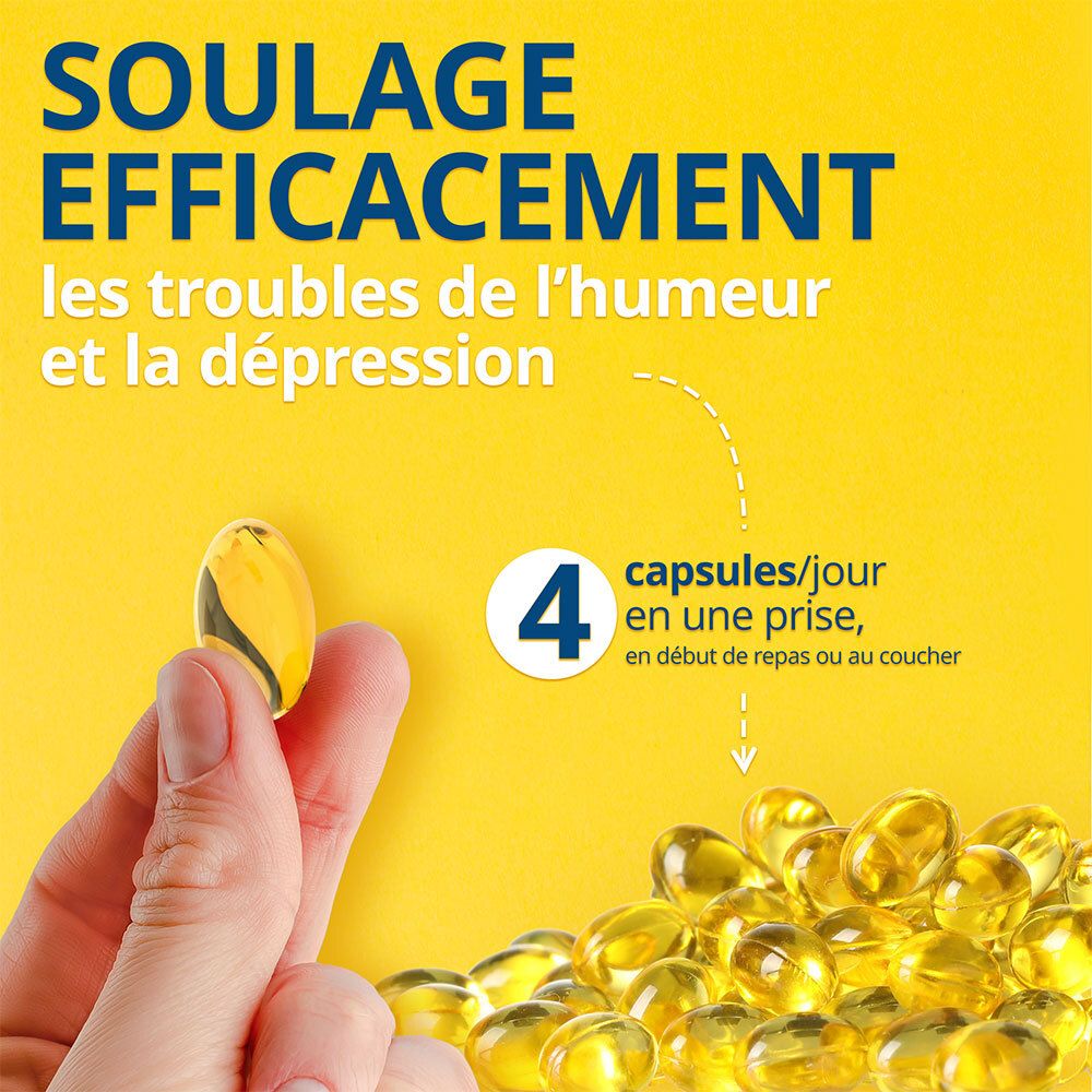 Main tenant une capsule. Texte : « 4 capsules/jour ». Capsules jaunes en arrière-plan.