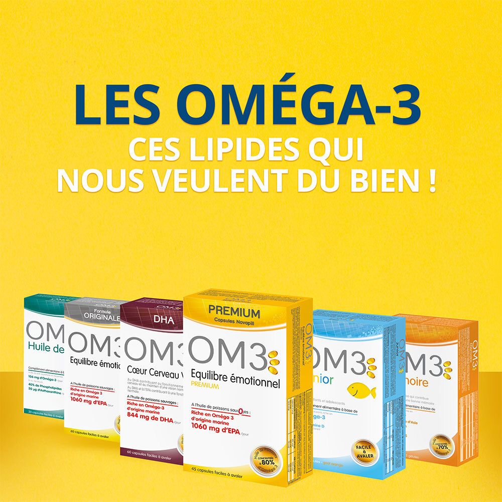 Différents emballages de produits OM3. Texte : « Les Oméga-3 ces lipides qui nous veulent du bien ! ».