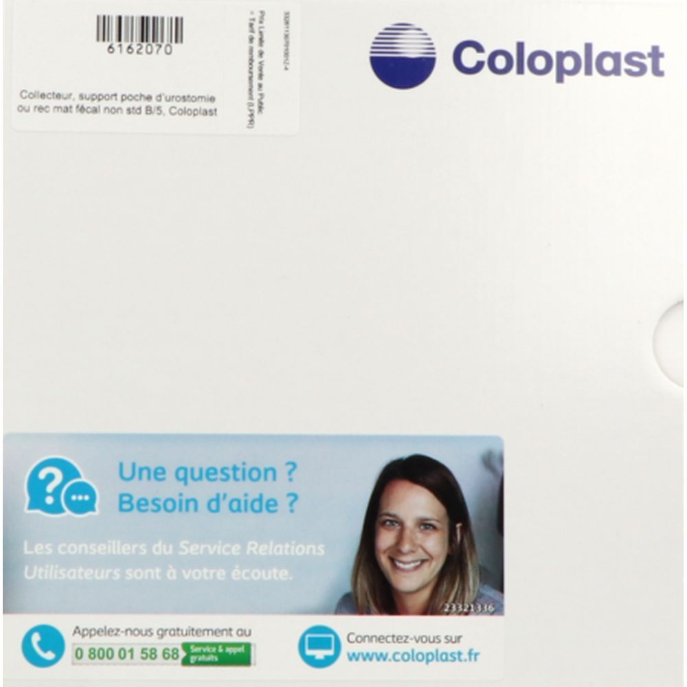 Emballage blanc Coloplast. Logo bleu et blanc. Autocollant avec informations de contact et femme souriante.