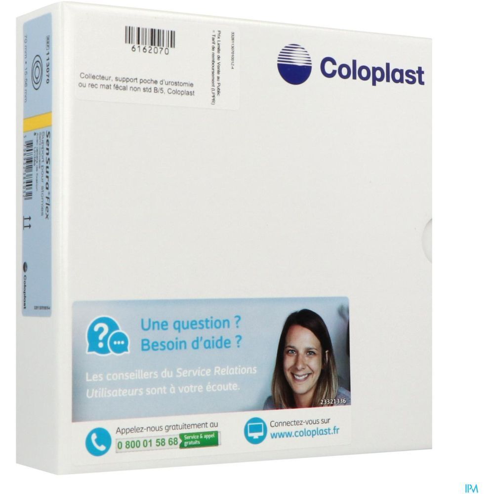 Boîte blanche Coloplast. Logo bleu. Autocollant avec informations de contact et femme souriante.