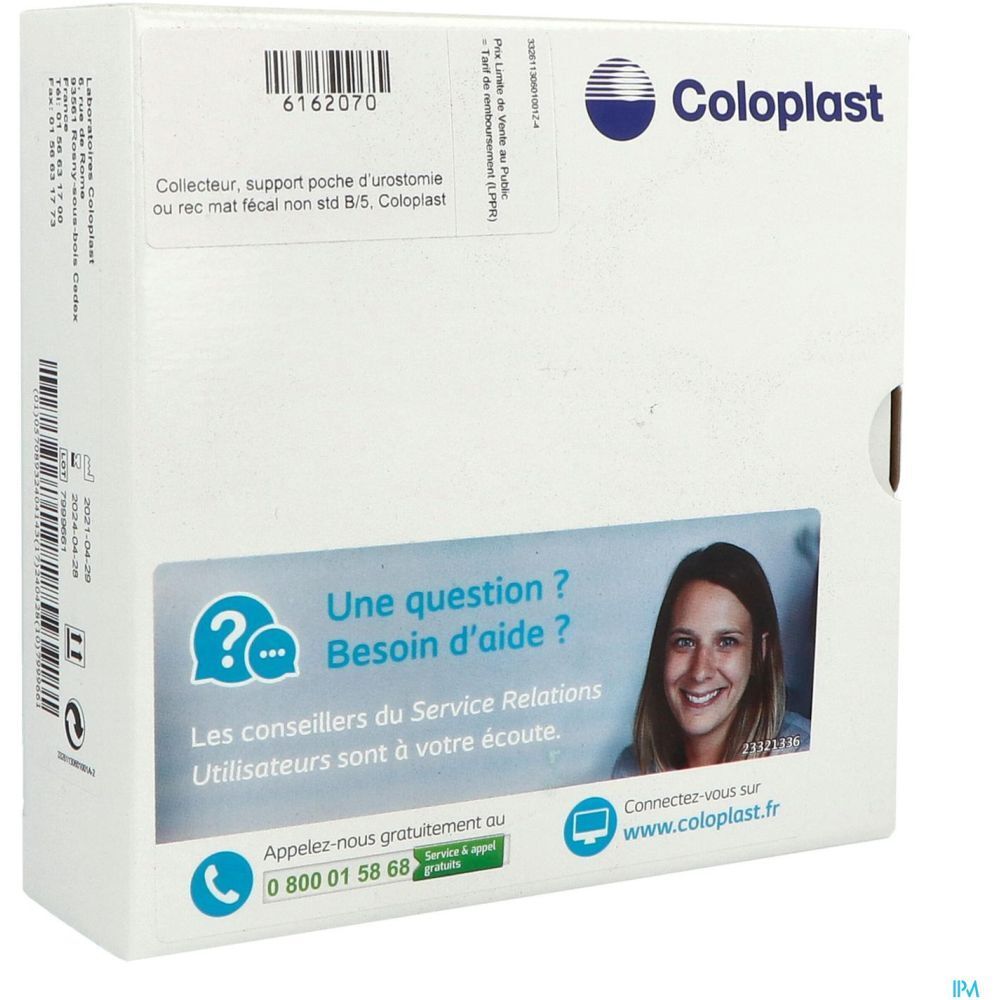 Boîte Coloplast. Étiquette avec code-barres et texte. Autocollant avec question et informations de contact. Femme souriante.