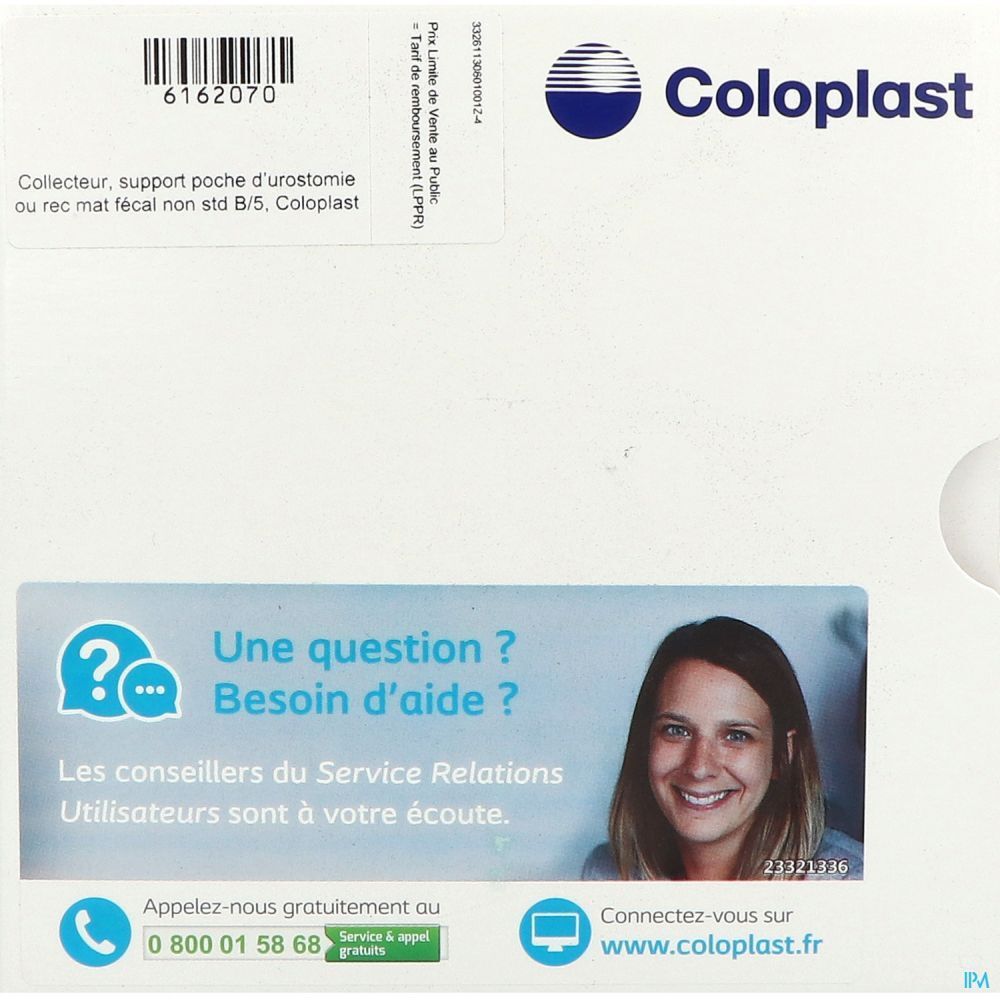 Boîte Coloplast. Étiquette avec code-barres et texte. Autocollant avec question et informations de contact. Femme souriante.