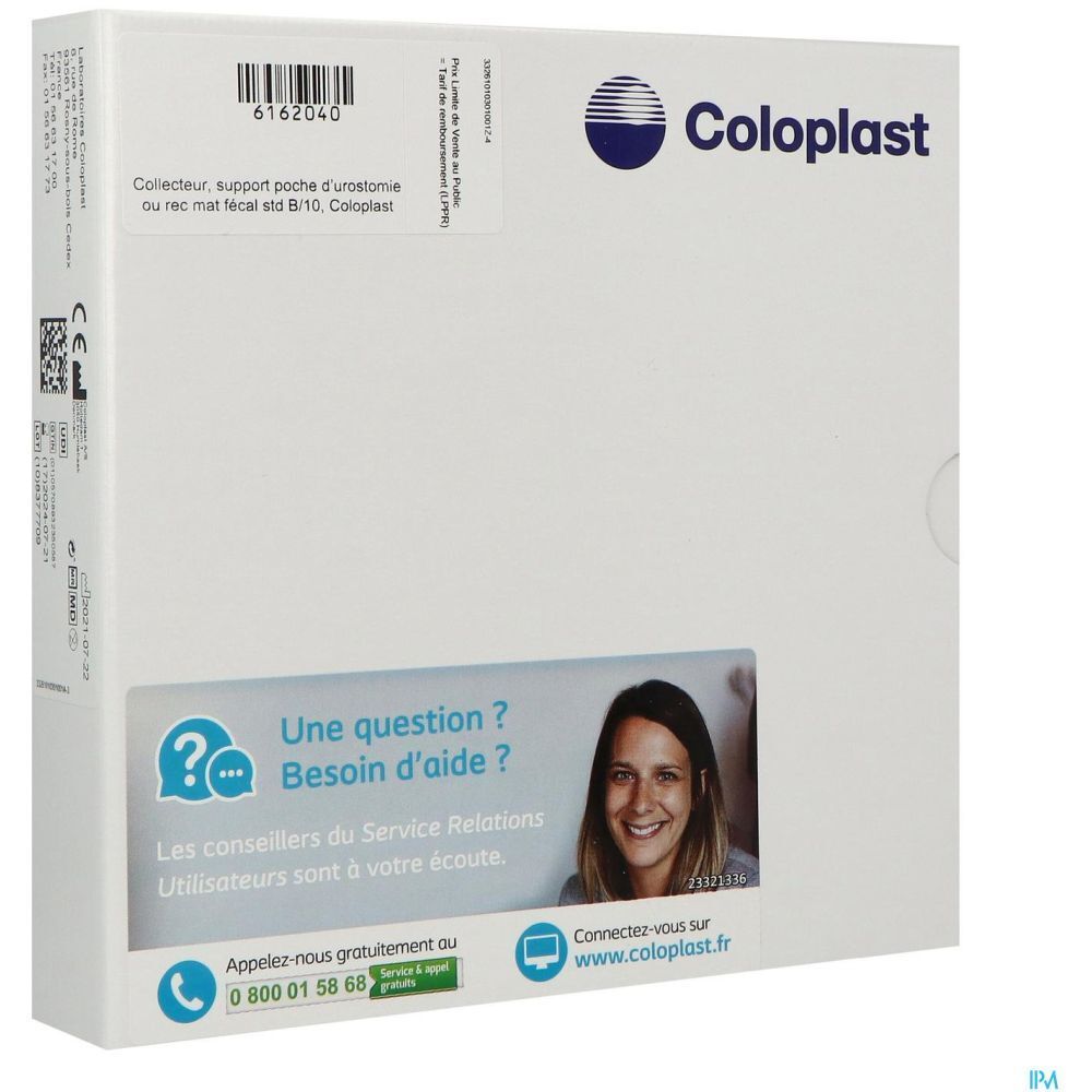 Emballage Coloplast. Texte: Collecteur, support poche d'urostomie ou rec mat fécal std B/10, Coloplast. Informations de contact.