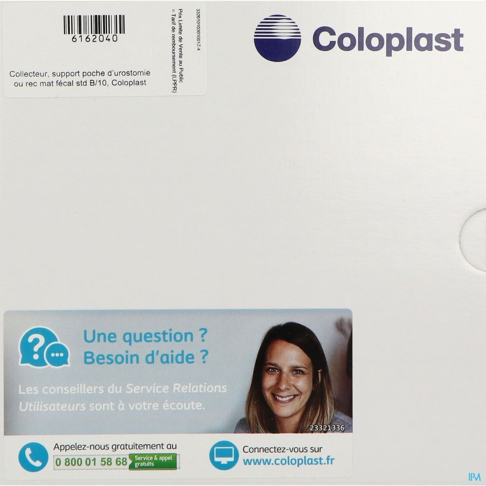 Emballage Coloplast. Texte: Collecteur, support poche d'urostomie ou rec mat fécal std B/10, Coloplast. Informations de contact.