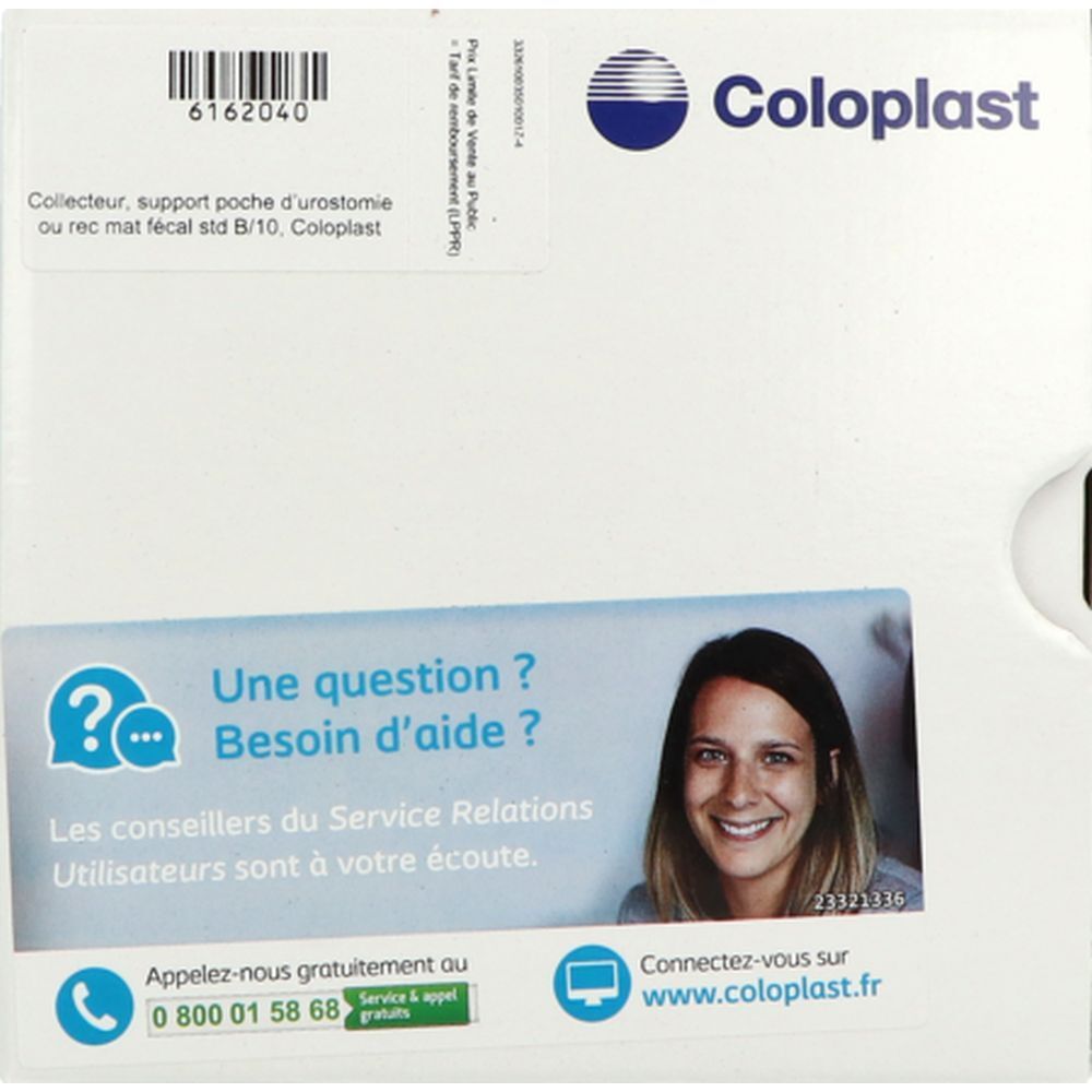 Boîte blanche Coloplast. Autocollant avec informations de contact et portrait de femme souriante. Texte en français.