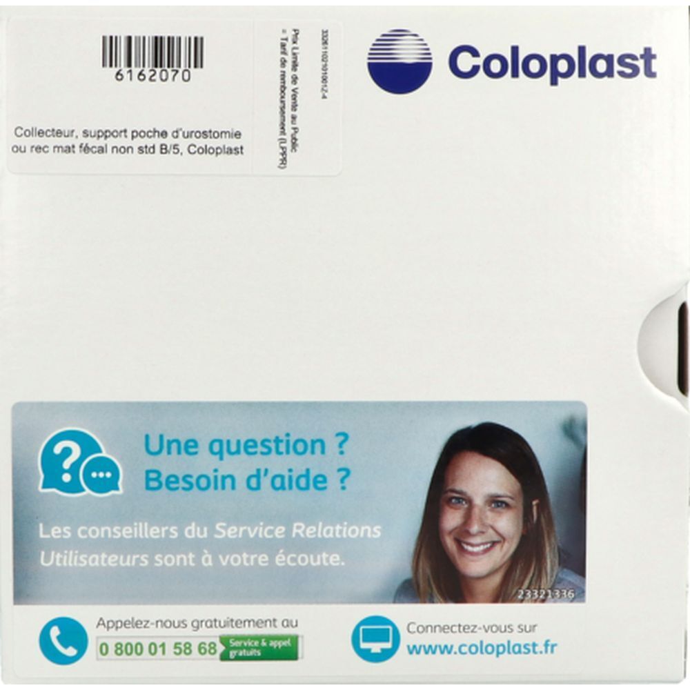 Boîte blanche Coloplast. Texte et numéro de téléphone. Femme souriante. Support poche souple.