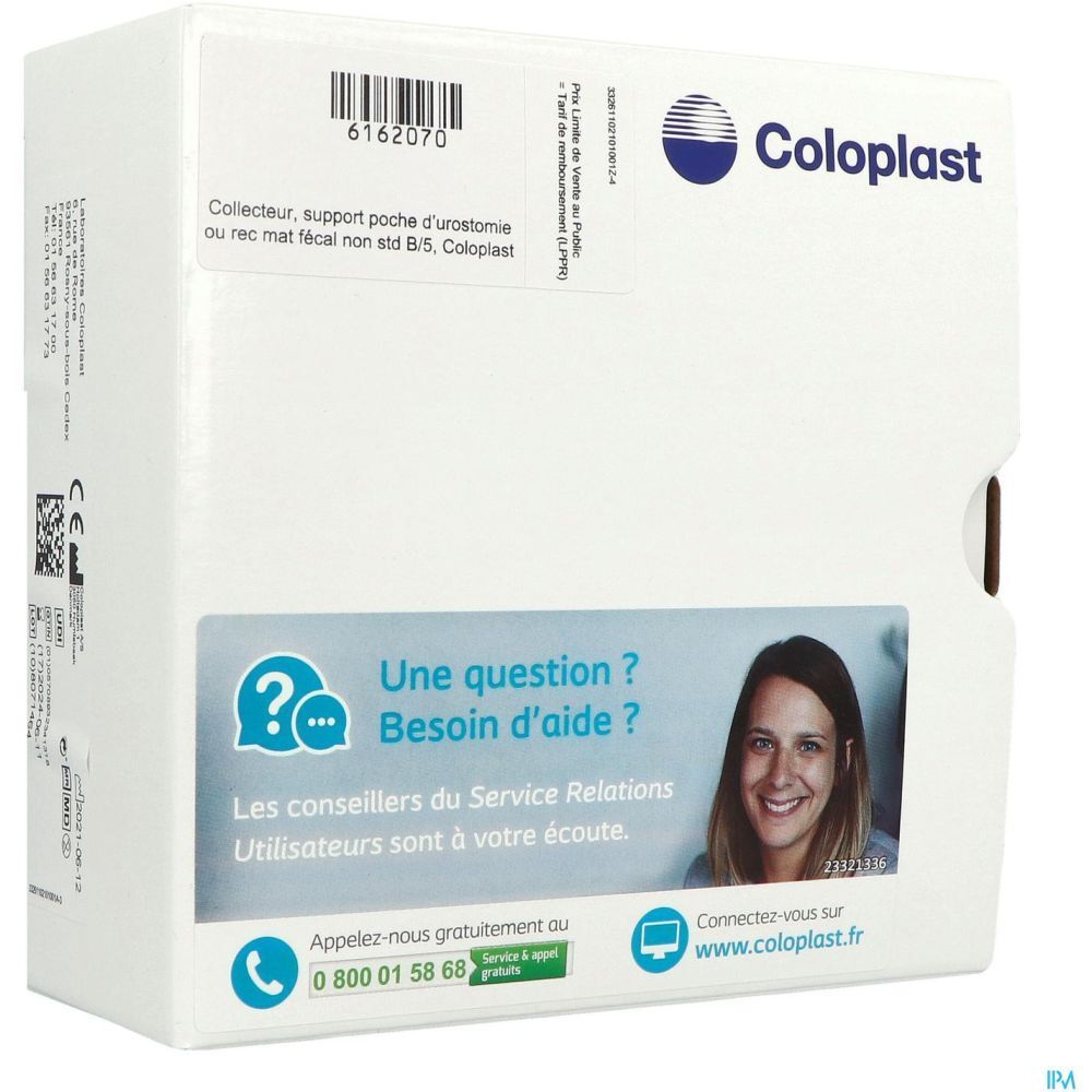 Boîte blanche Coloplast. Texte et numéro de téléphone. Femme souriante. Support poche souple.