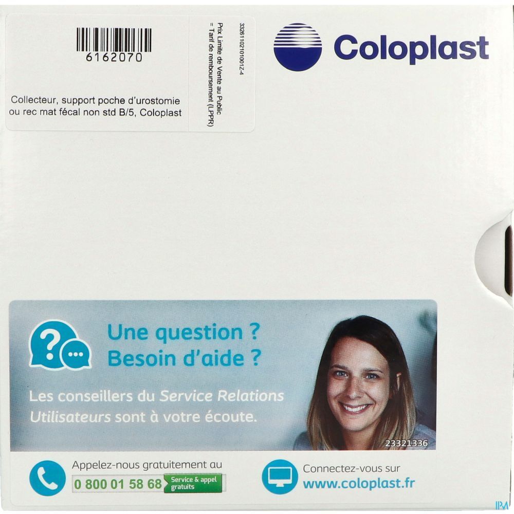 Boîte blanche Coloplast. Texte et numéro de téléphone. Femme souriante. Support poche souple.