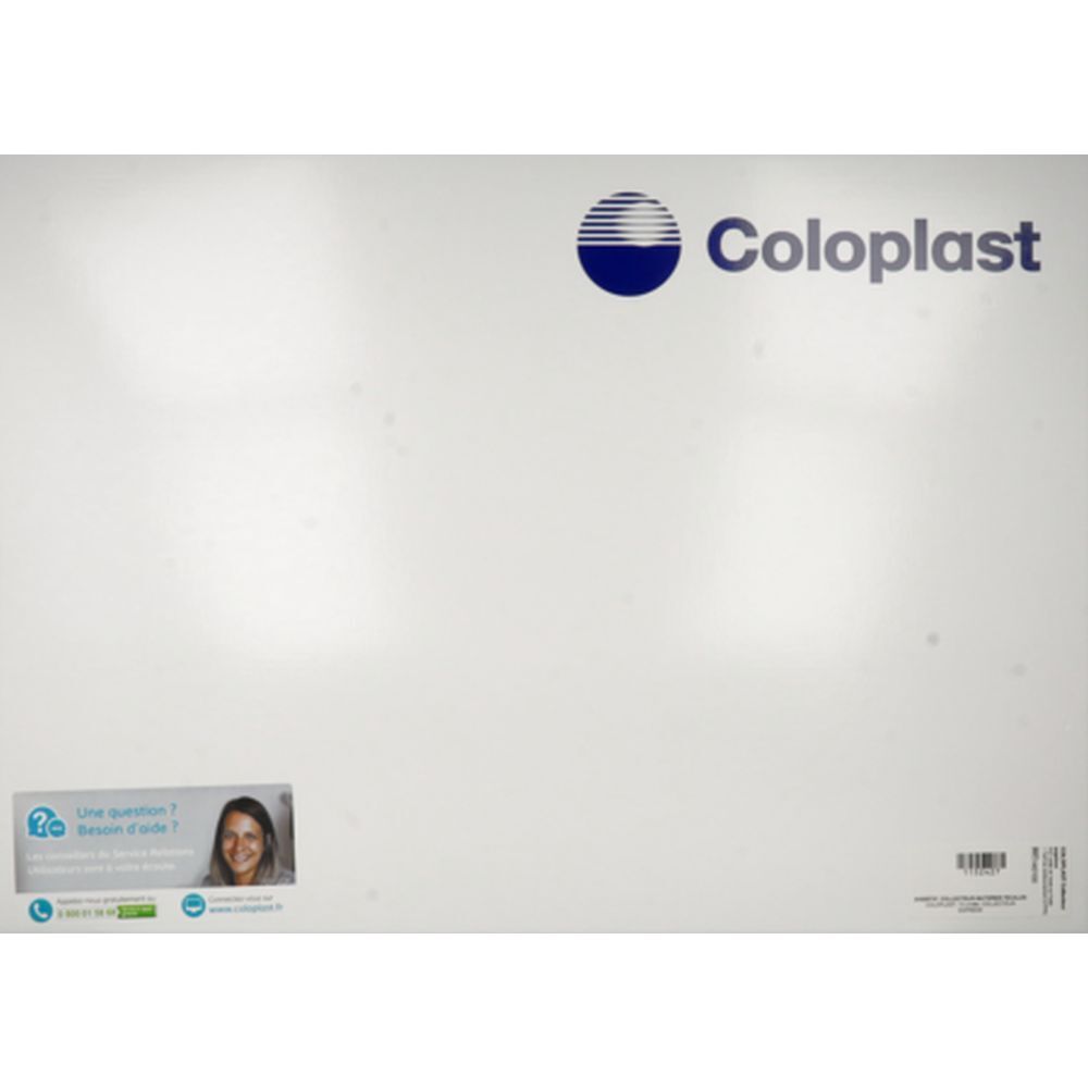 Emballage blanc avec logo Coloplast et informations de contact. Autocollant avec question et femme.