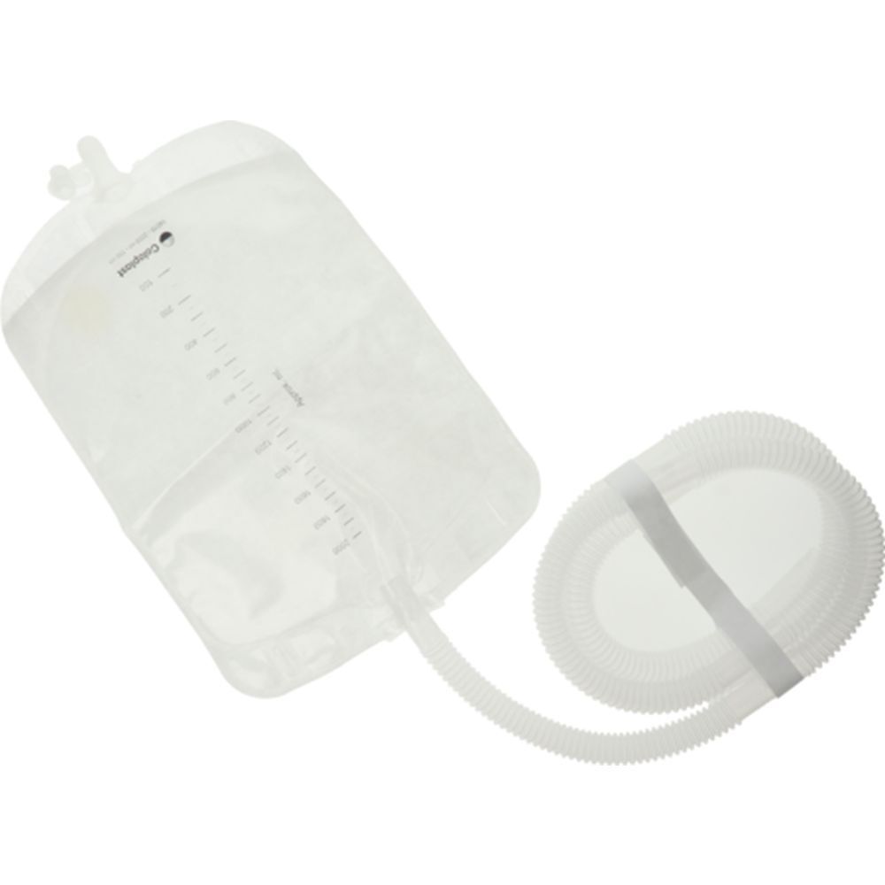 Poche à urine transparente avec échelle graduée et tube. Le tube est fixé par velcro.