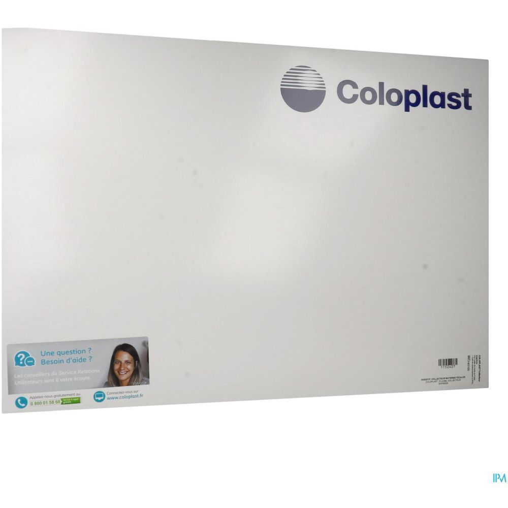 Emballage blanc avec logo Coloplast et informations de contact. Autocollant avec question et femme.