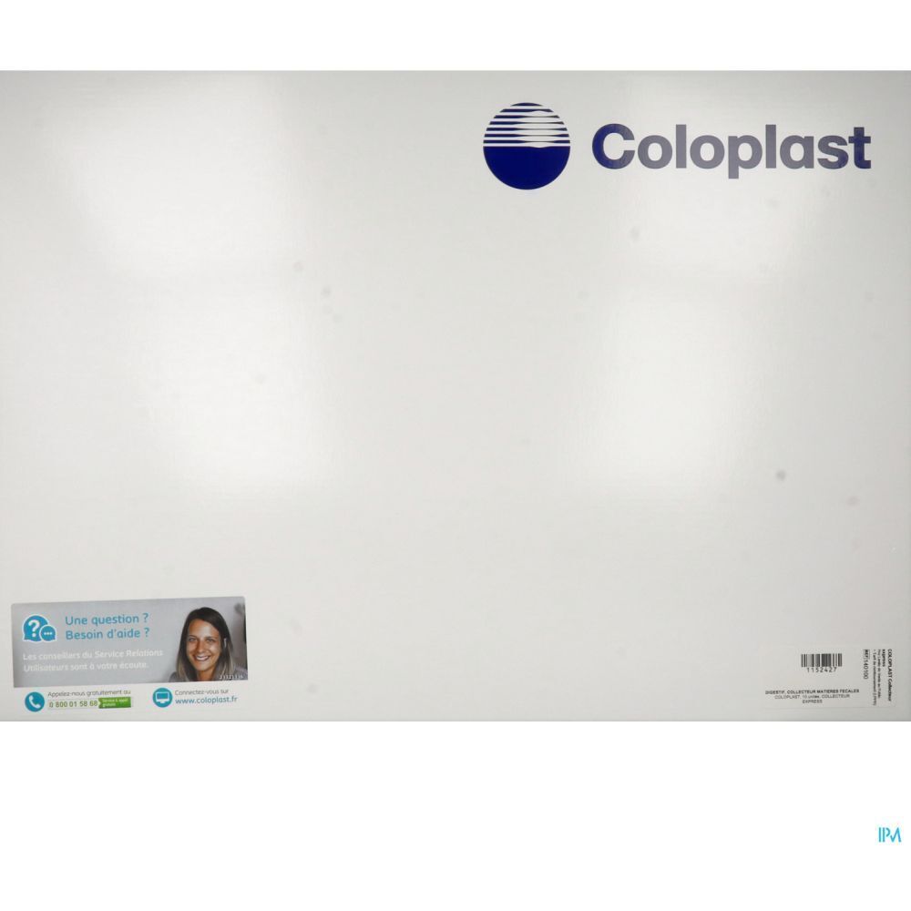 Emballage blanc avec logo Coloplast et informations de contact. Autocollant avec question et femme.