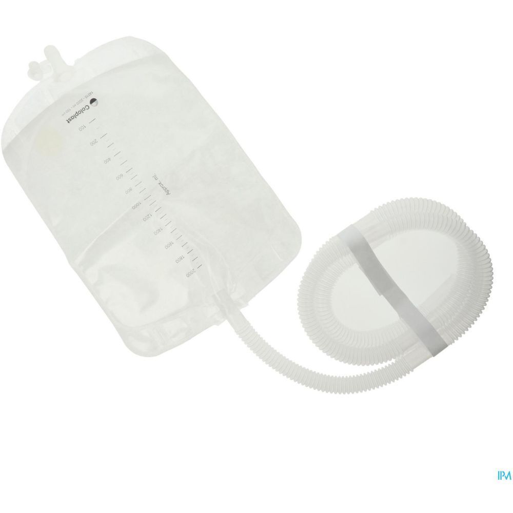 Poche à urine transparente avec échelle graduée et tube. Le tube est fixé par velcro.