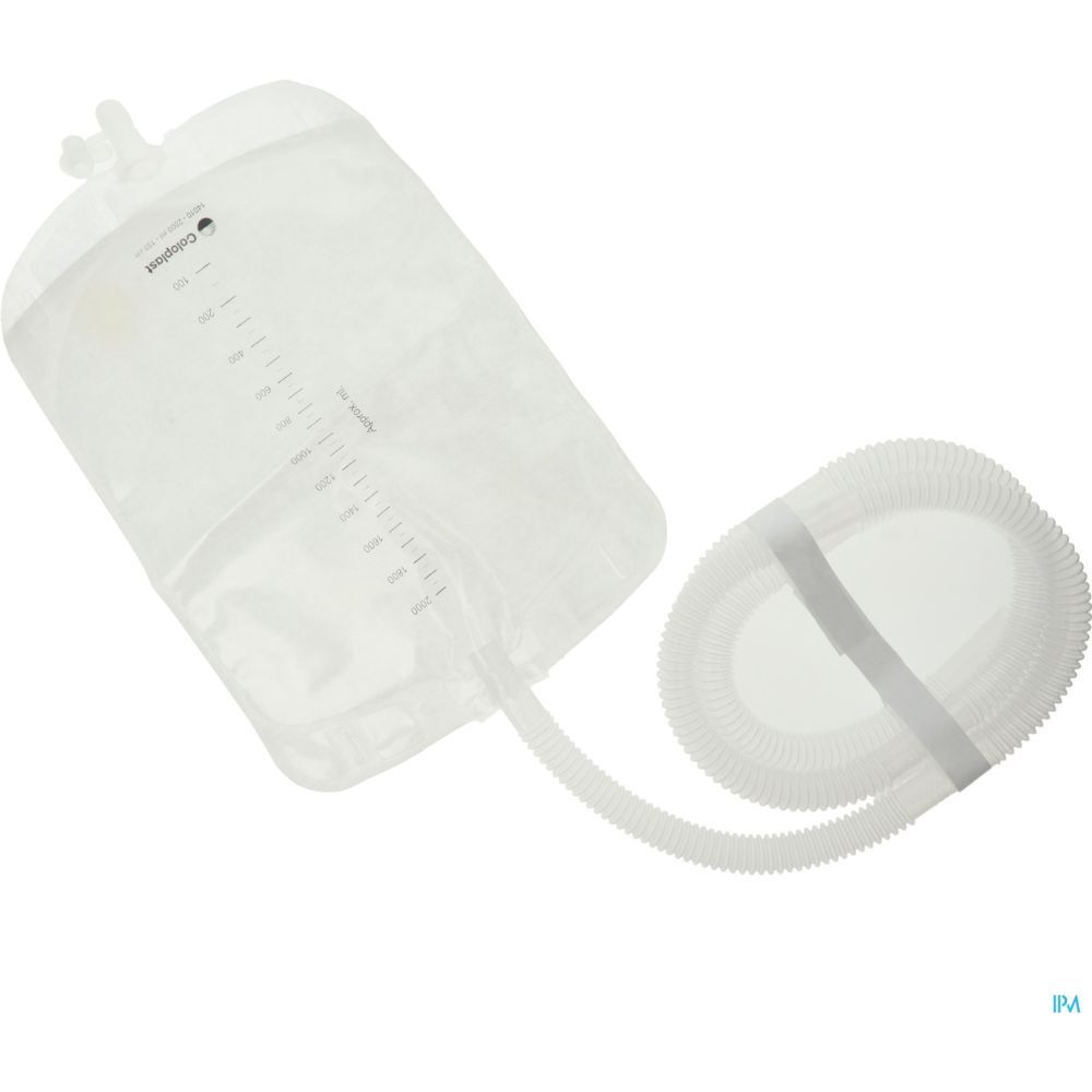 Poche à urine transparente avec échelle graduée et tube. Le tube est fixé par velcro.