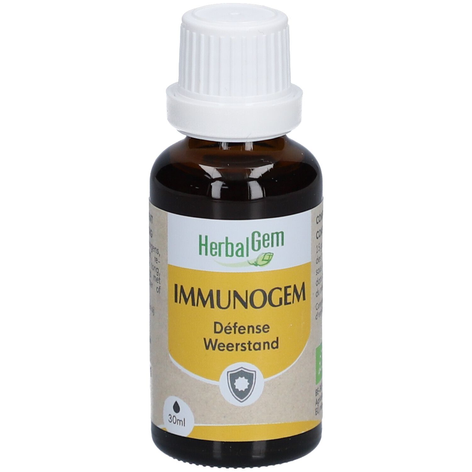 Flacon en verre brun avec bouchon blanc. Inscription: HerbalGem IMMUNOGEM, Défense Weerstand. 30ml.
