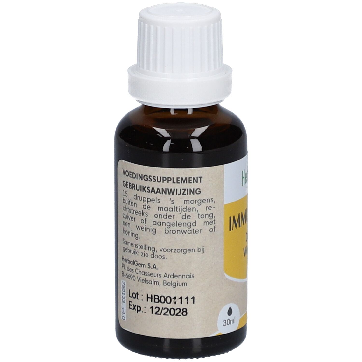 Dos du flacon avec texte. Inscription: VOEDINGSSUPPLEMENT, Gebruiksaanwijzing. Lot HB001111, Exp. 12/2028. 30ml.