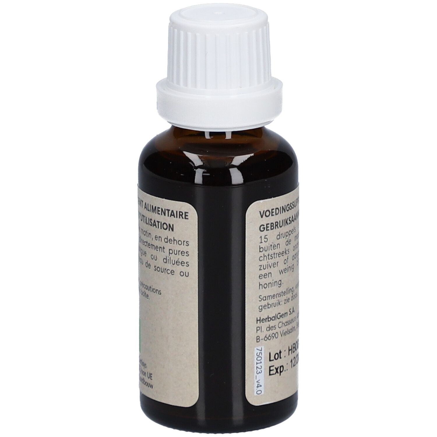 Dos du flacon avec texte. Inscription: COMPLEMENT ALIMENTAIRE, Conseils d'utilisation. 30ml.