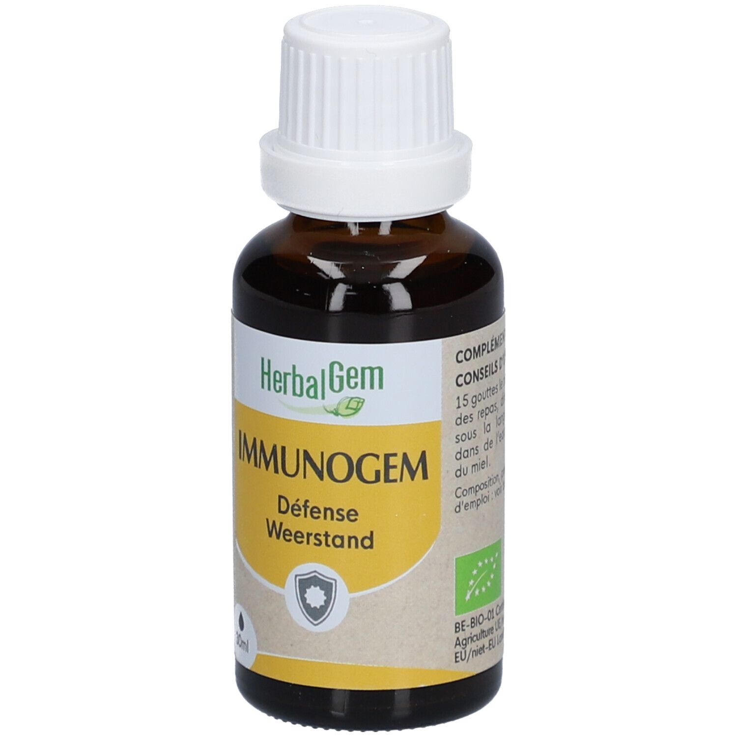 Flacon en verre brun avec bouchon blanc. Inscription: HerbalGem IMMUNOGEM, Défense Weerstand. 30ml. Certification Bio.