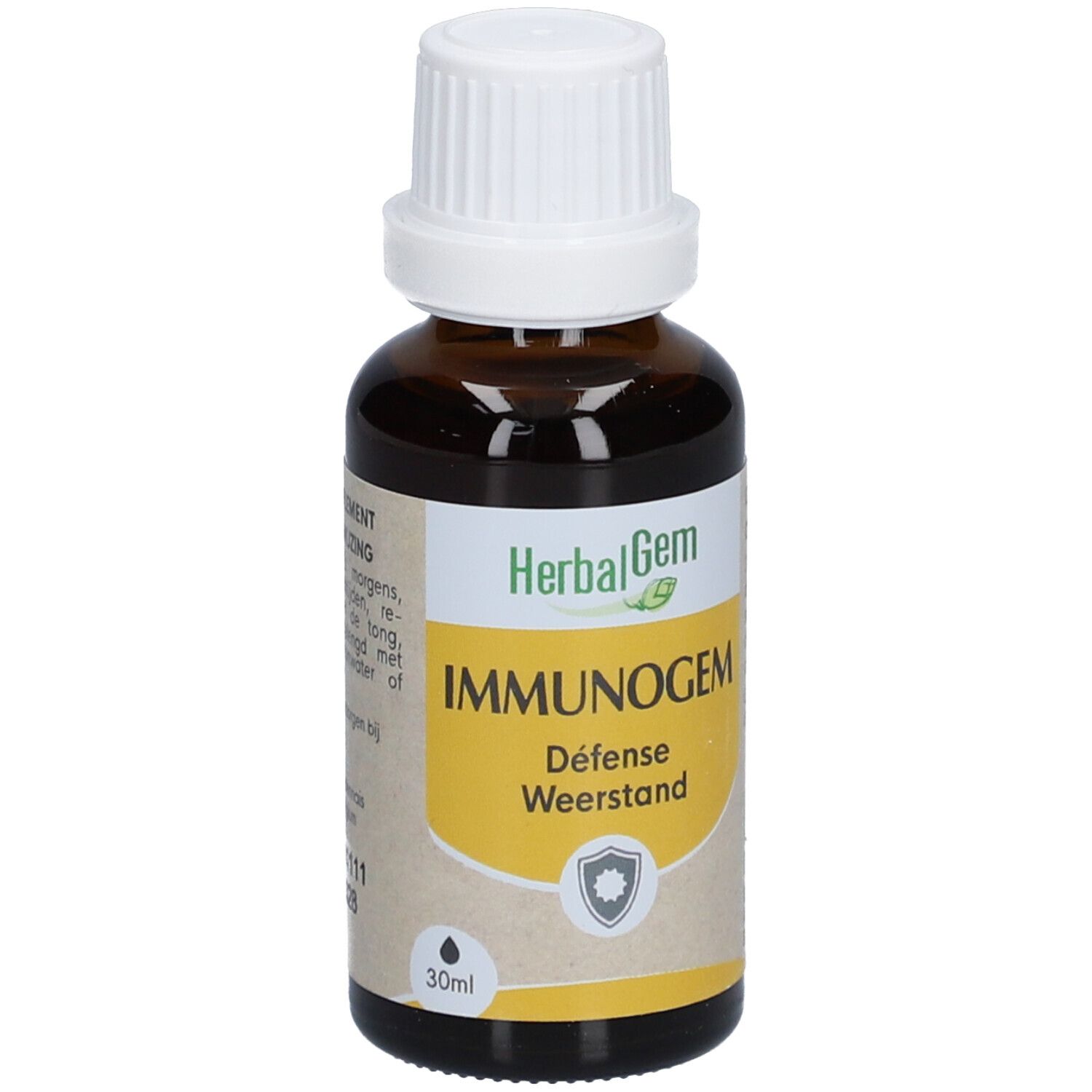 Flacon en verre brun avec bouchon blanc. Inscription: HerbalGem IMMUNOGEM, Défense Weerstand. 30ml.