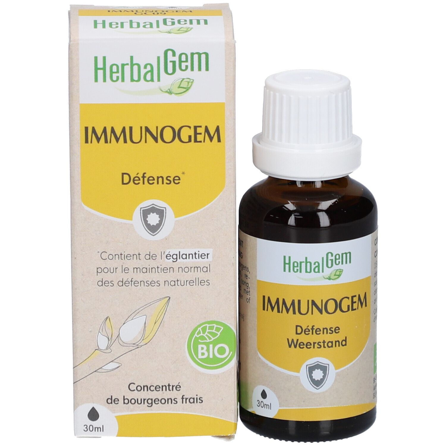 Flacon et emballage du produit. Inscription: HerbalGem IMMUNOGEM, Défense. Certification Bio. 30ml.