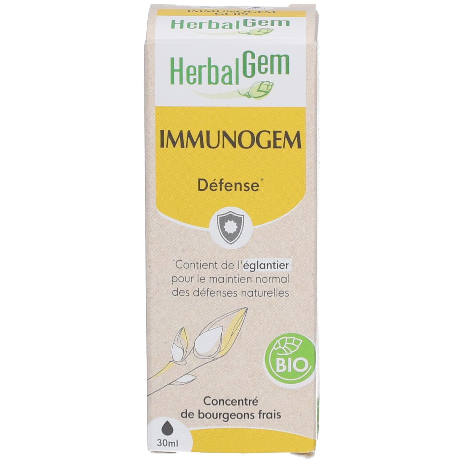 Emballage du produit. Inscription: HerbalGem IMMUNOGEM, Défense. Certification Bio. 30ml.