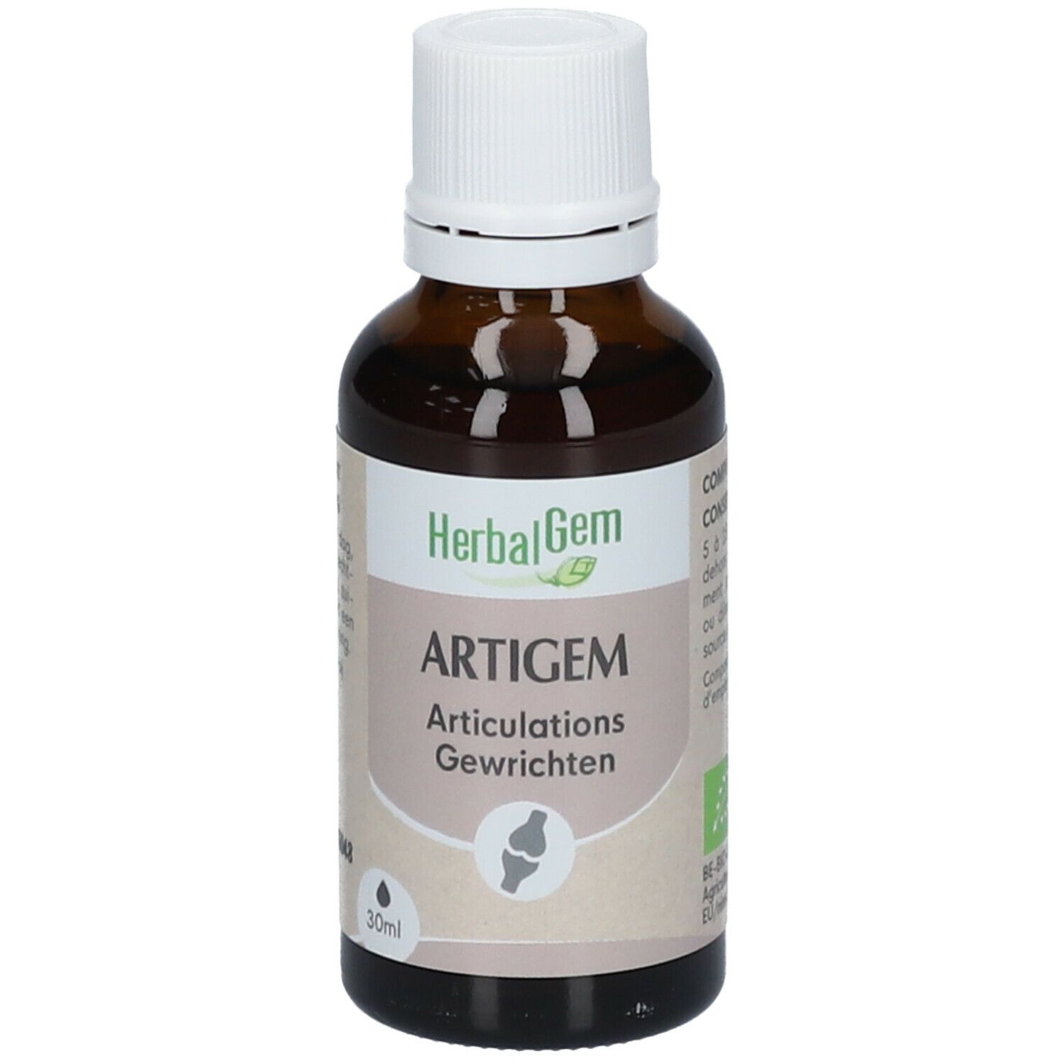 Flacon en verre brun, bouchon blanc. Étiquette "HerbalGem Artigem" et illustration articulations. Certification BIO.