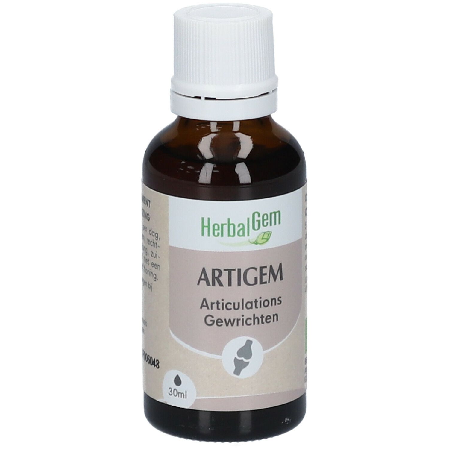 Flacon en verre brun, bouchon blanc. Étiquette "HerbalGem Artigem" et illustration articulations. 30ml.