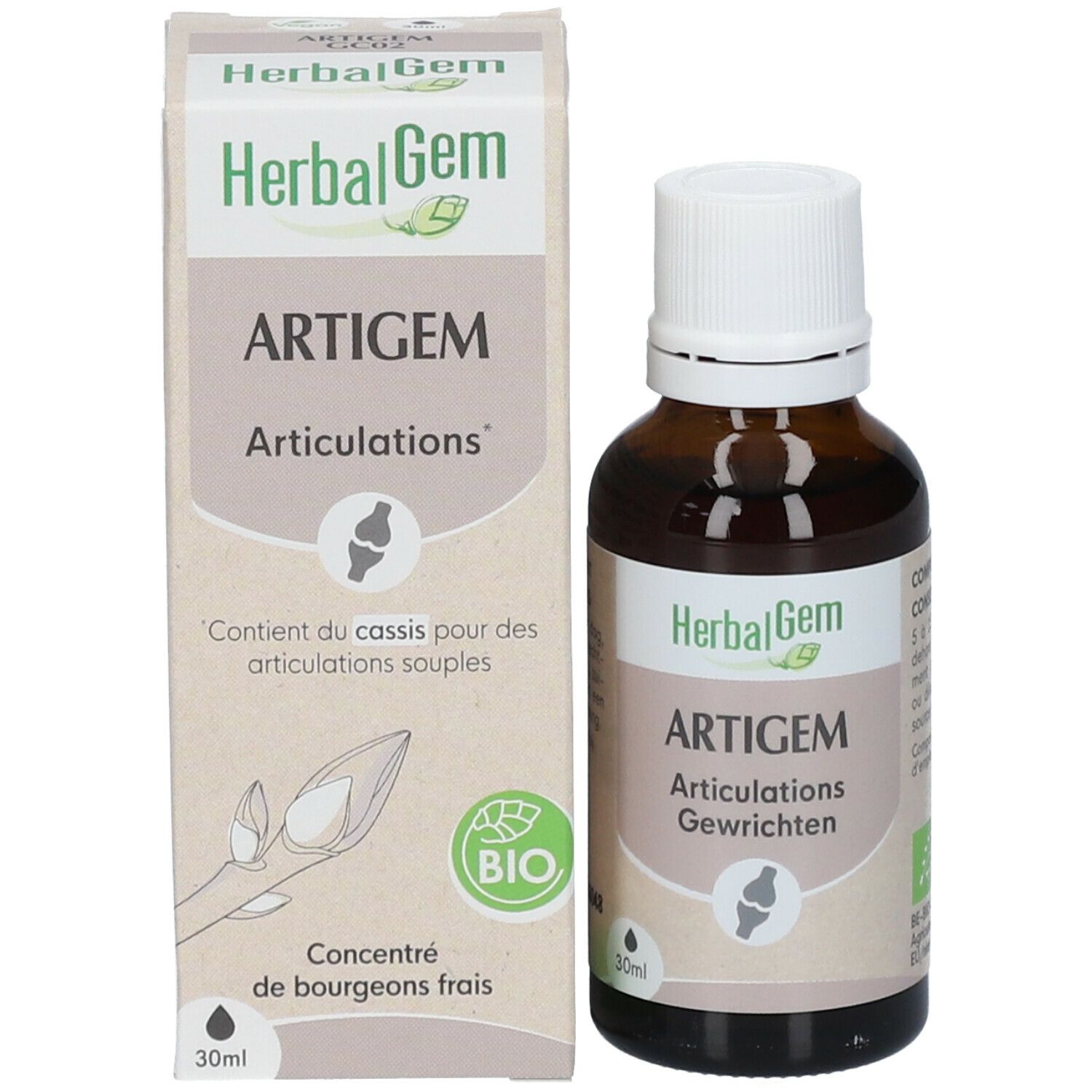 Emballage et flacon. Boîte "HerbalGem Artigem" et illustration articulations. Flacon 30ml.