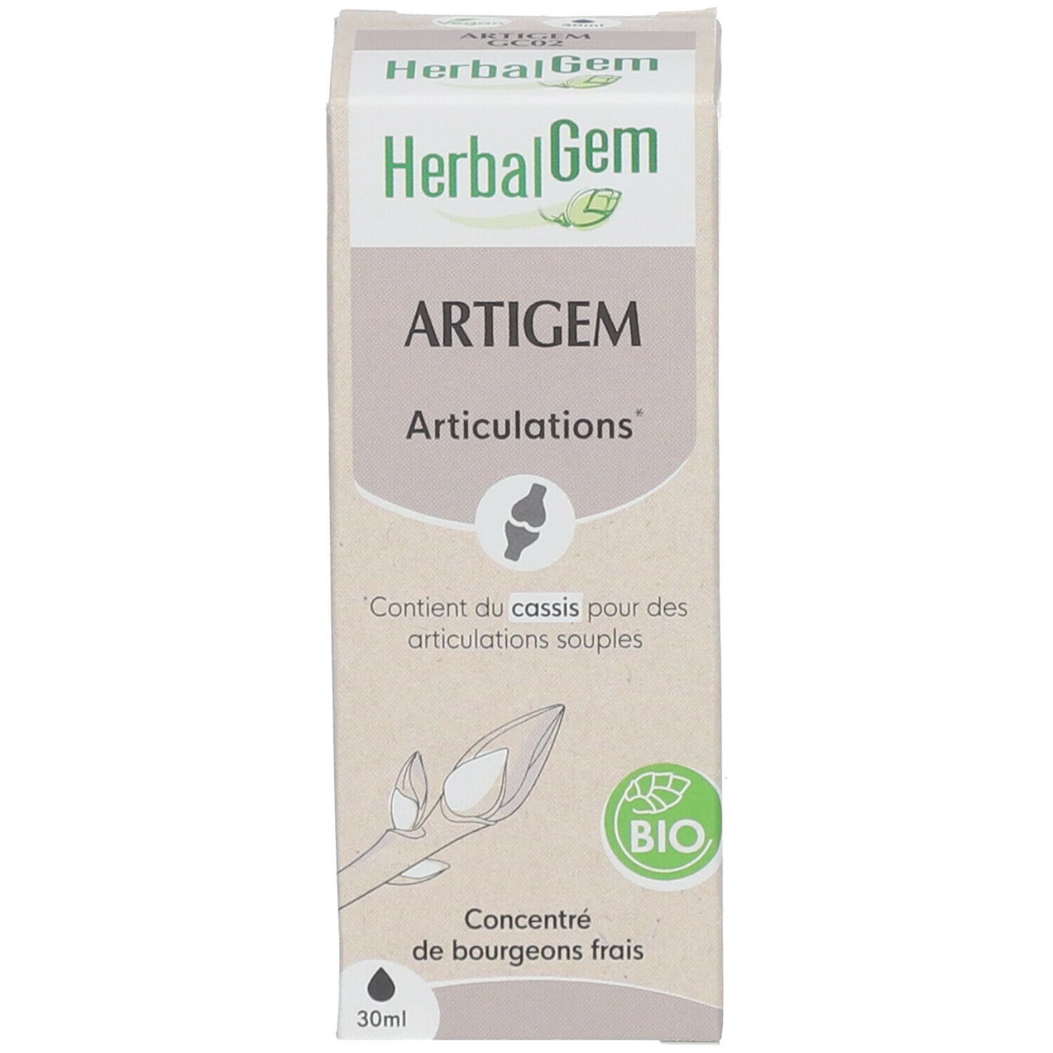 Emballage. Boîte "HerbalGem Artigem" et illustration articulations. Certification BIO. 30ml.