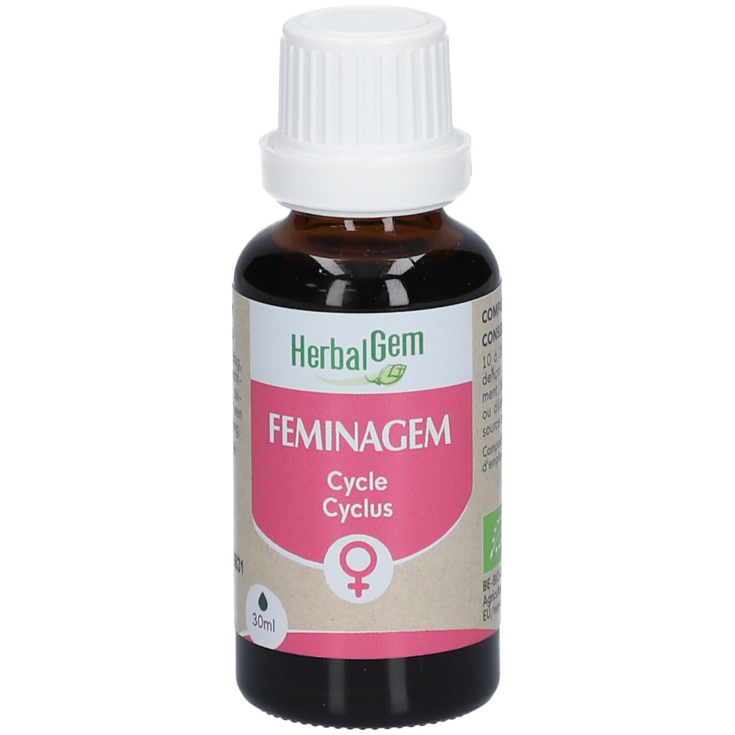 Flacon en verre brun avec bouchon blanc. Étiquette avec HerbalGem, FEMINAGEM, Cycle Cyclus et symbole féminin.