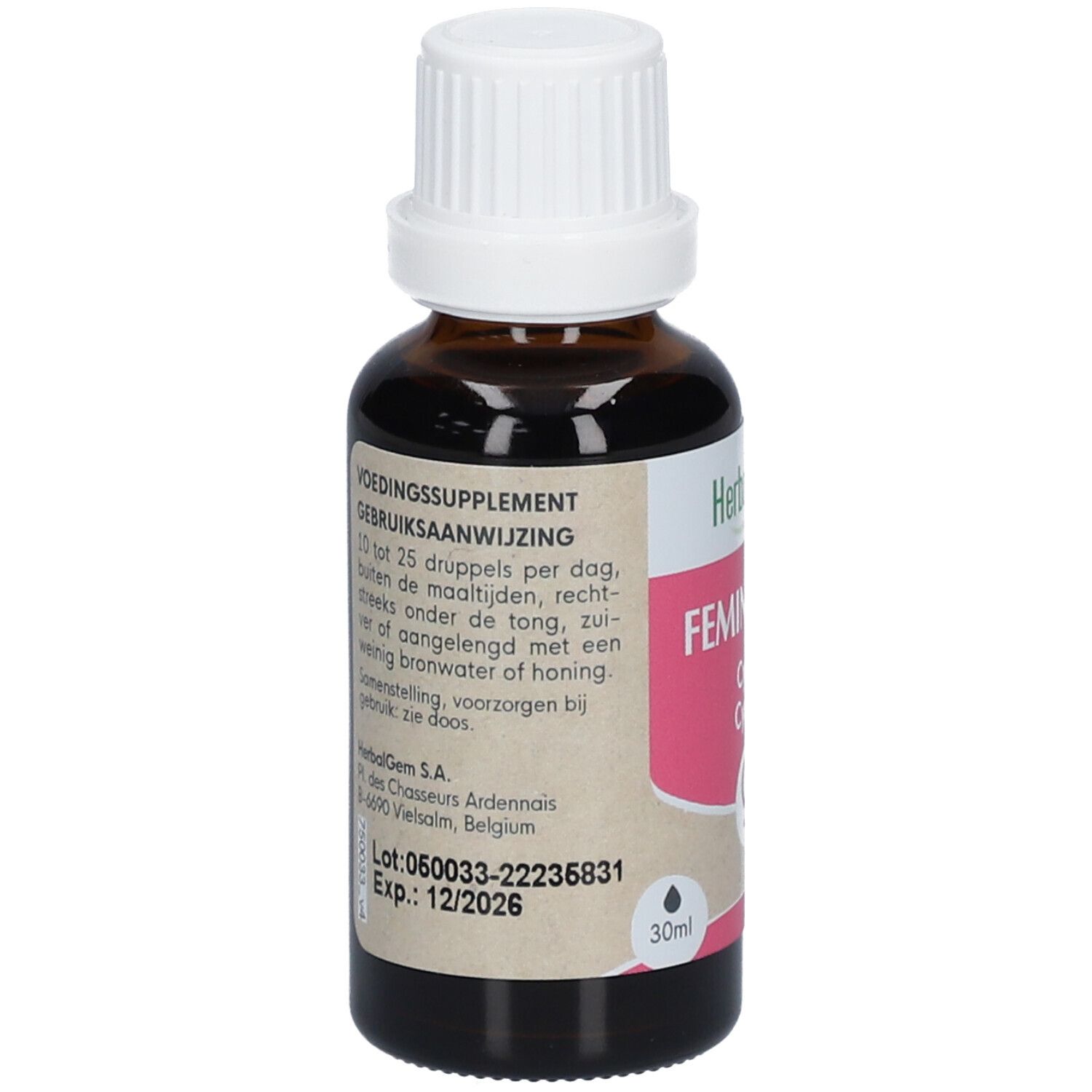 Flacon en verre brun avec bouchon blanc. Étiquette avec HerbalGem, FEMINAGEM, Cycle Cyclus et instructions d'utilisation.