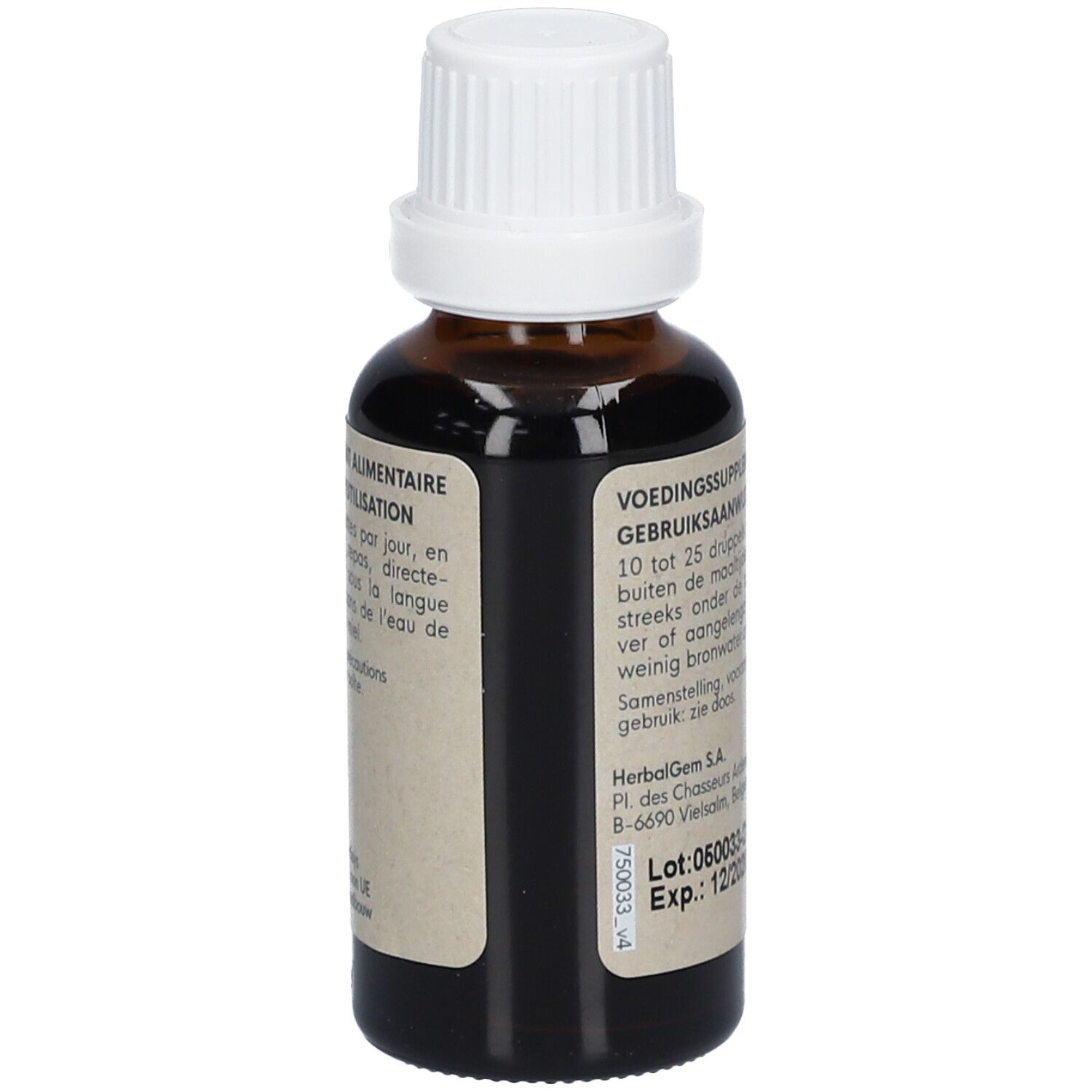 Flacon en verre brun avec bouchon blanc. Étiquette avec HerbalGem, FEMINAGEM, Cycle Cyclus et instructions d'utilisation.