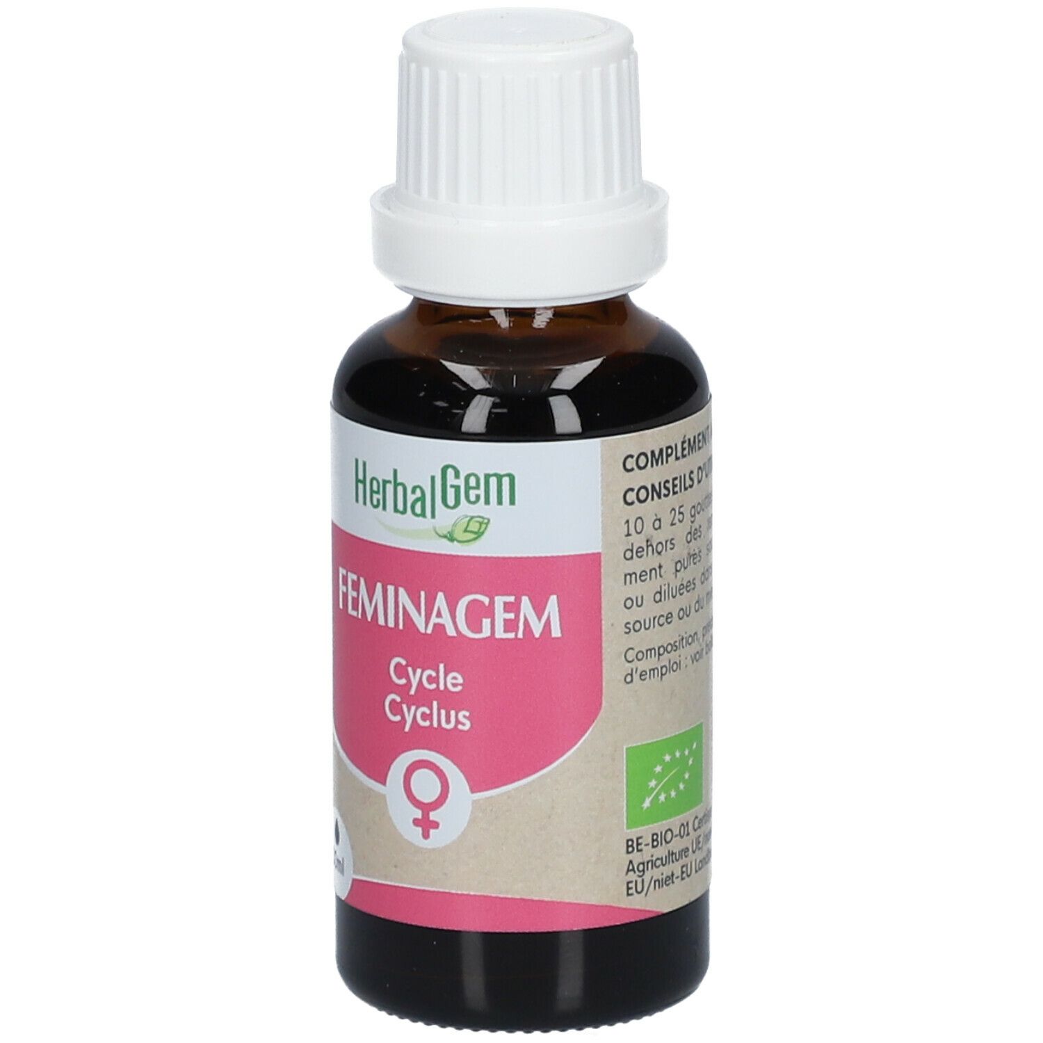 Flacon en verre brun avec bouchon blanc. Étiquette avec HerbalGem, FEMINAGEM, Cycle Cyclus et symbole féminin.