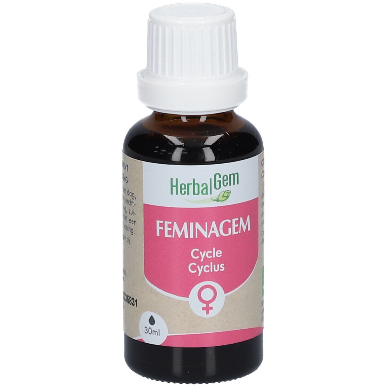 Flacon en verre brun avec bouchon blanc. Étiquette avec HerbalGem, FEMINAGEM, Cycle Cyclus et symbole féminin.