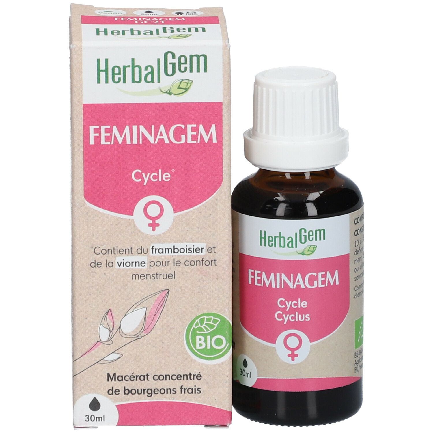 Produit et emballage. Flacon et boîte avec HerbalGem, FEMINAGEM, Cycle. Boîte avec label bio.