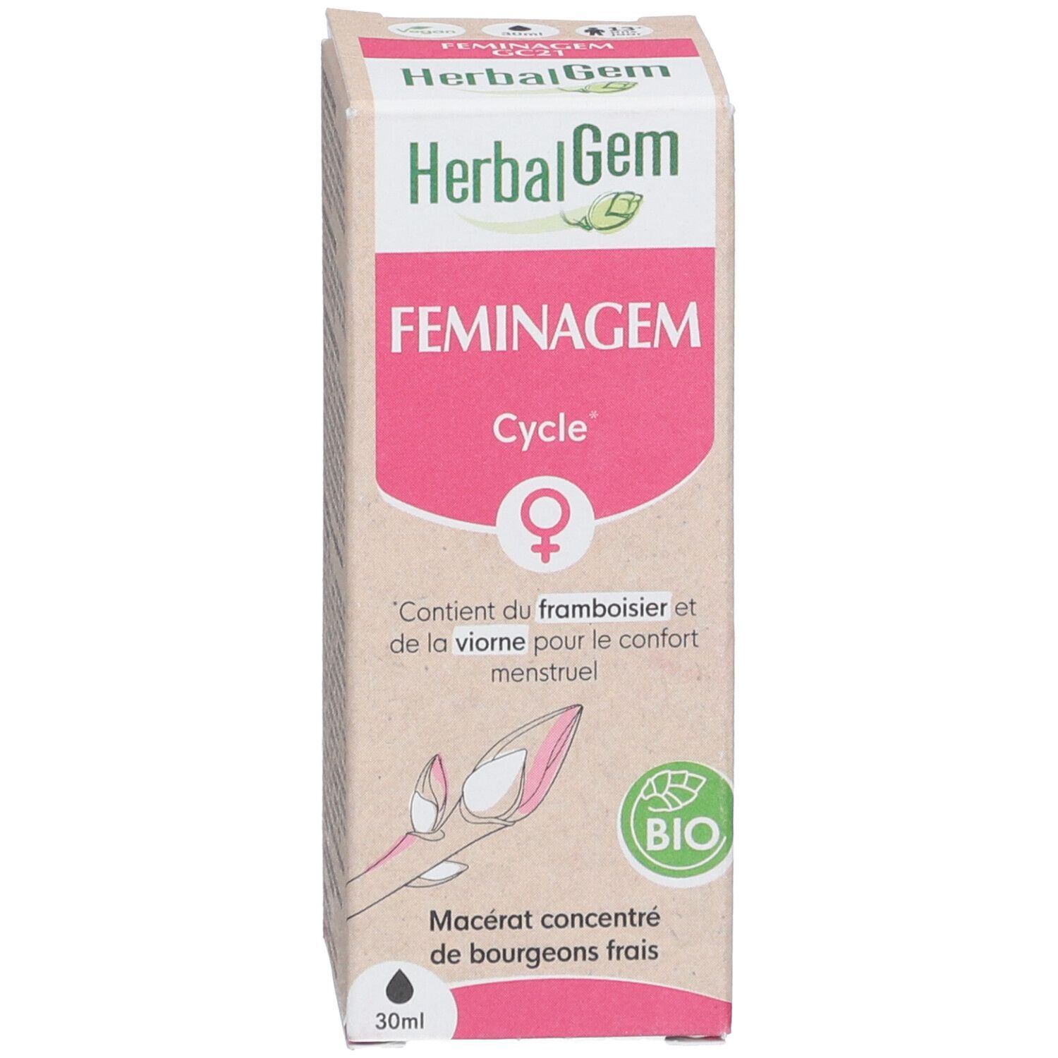 Emballage du produit. Boîte avec HerbalGem, FEMINAGEM, Cycle. Label bio et illustration.