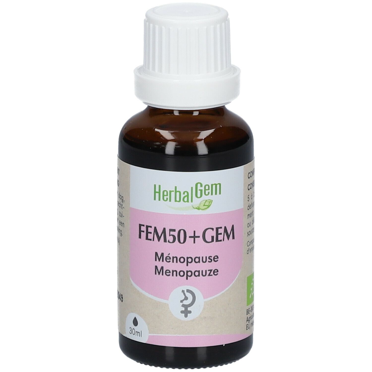 Flacon en verre brun avec bouchon blanc. Étiquette avec nom du produit, logo et symbole de la ménopause. 30ml.