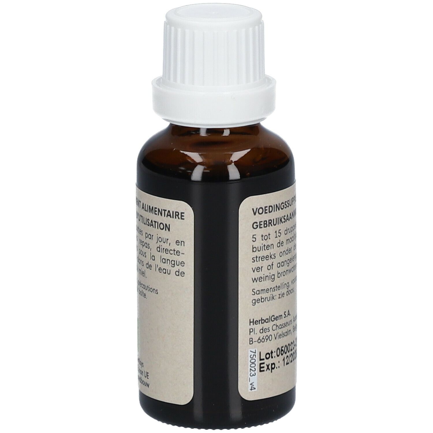 Flacon en verre brun avec bouchon blanc. Dos avec texte. 30ml. Date de péremption 12/2026.