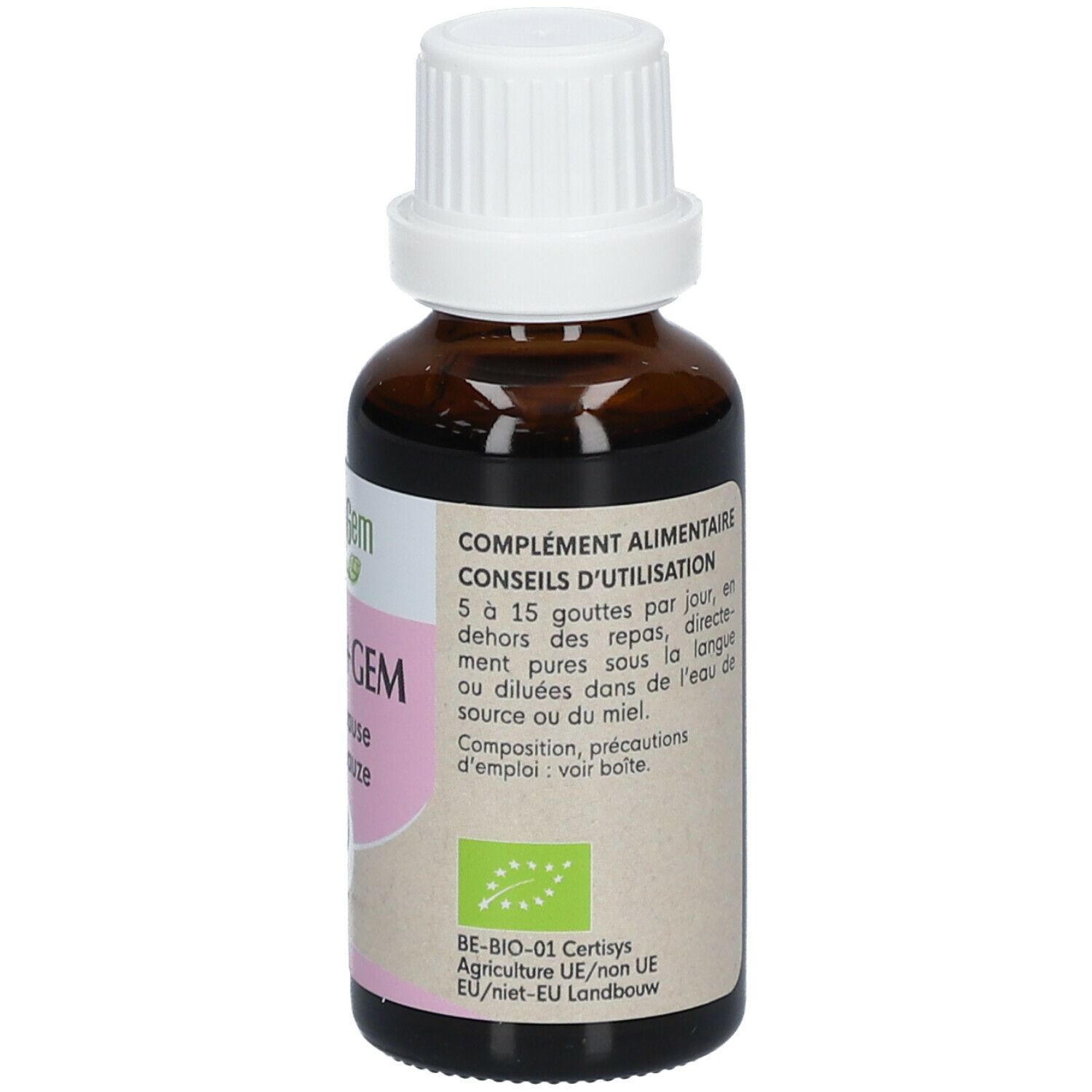 Flacon en verre brun avec bouchon blanc. Étiquette avec texte et label bio. 30ml.