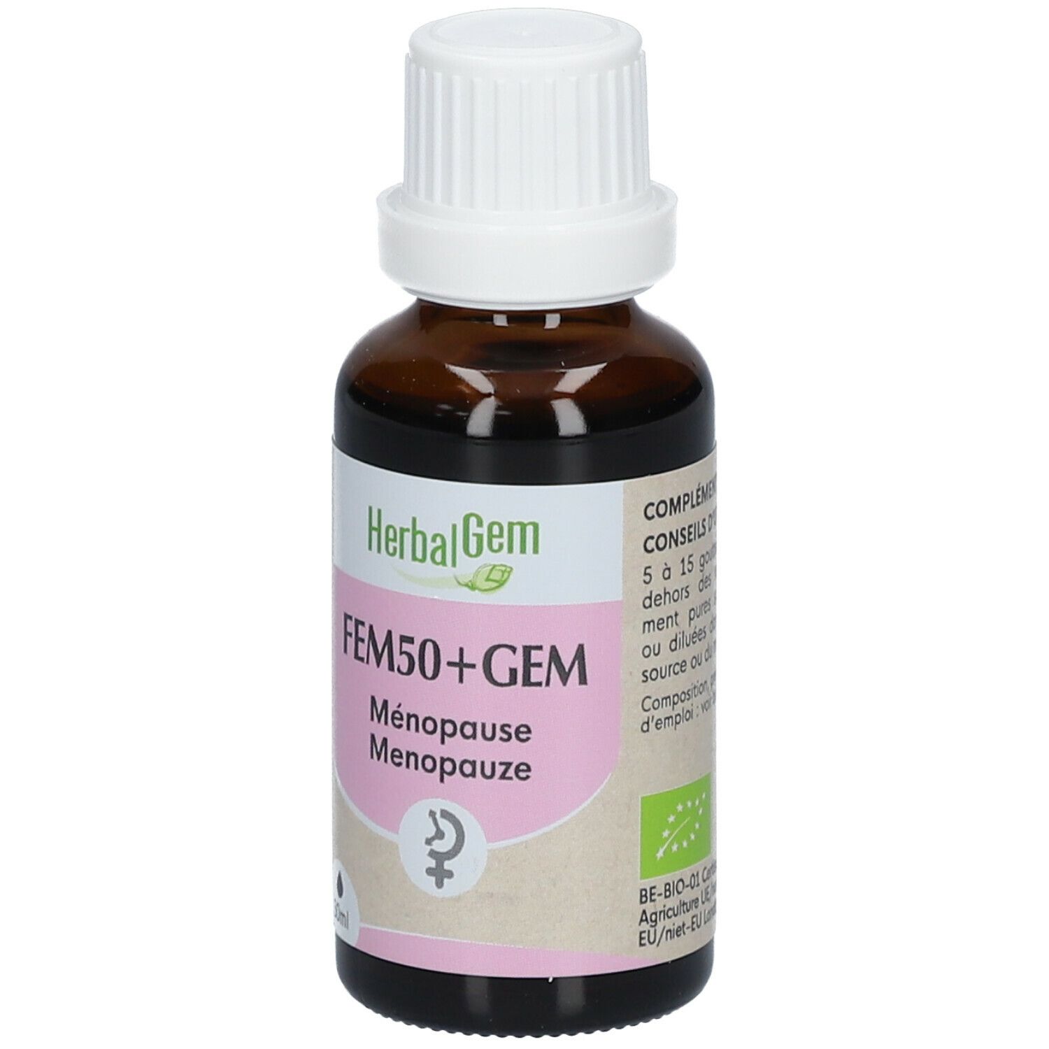 Flacon en verre brun avec bouchon blanc. Étiquette avec nom, logo et symbole ménopause. 30ml.