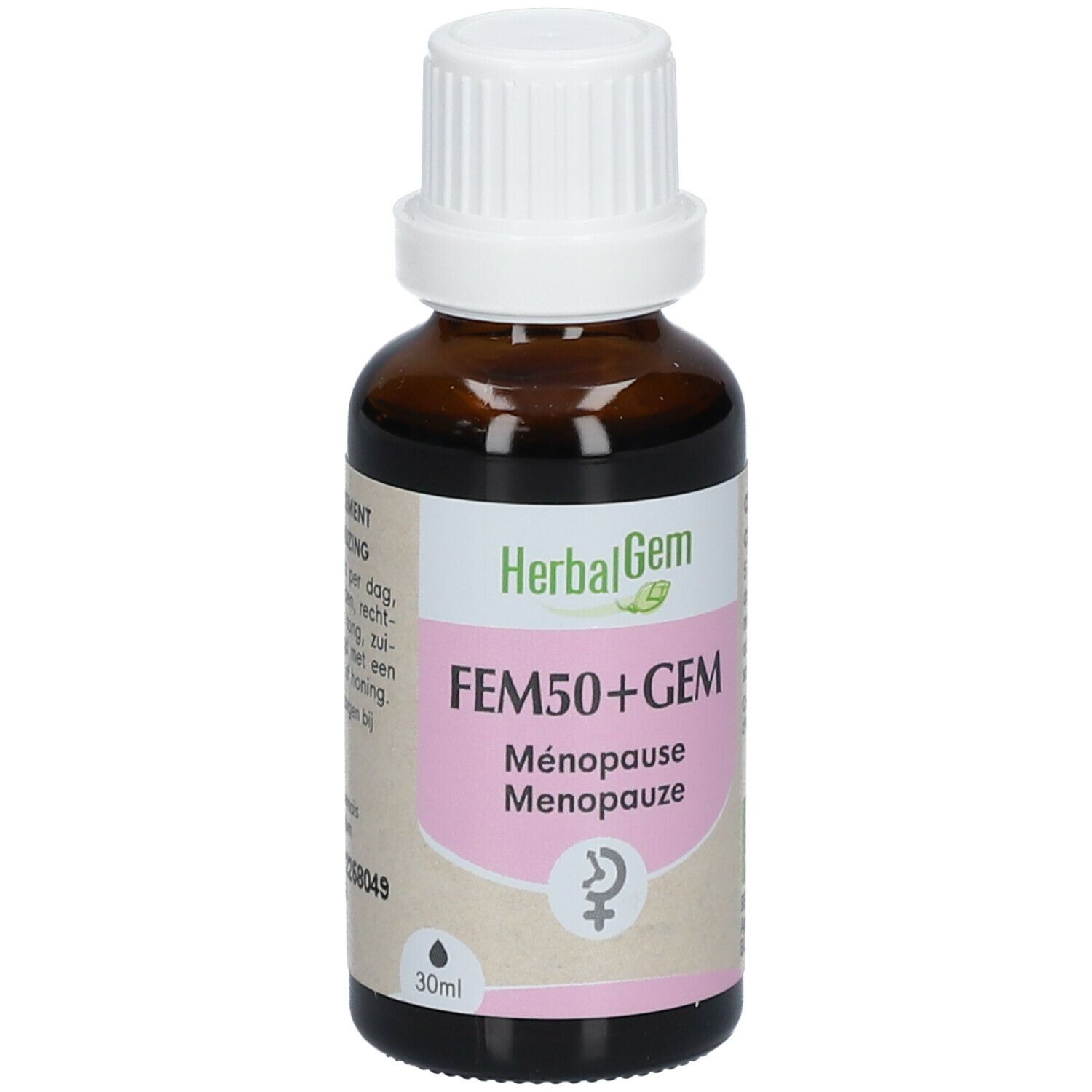 Flacon en verre brun avec bouchon blanc. Étiquette avec nom, logo et symbole ménopause. 30ml.