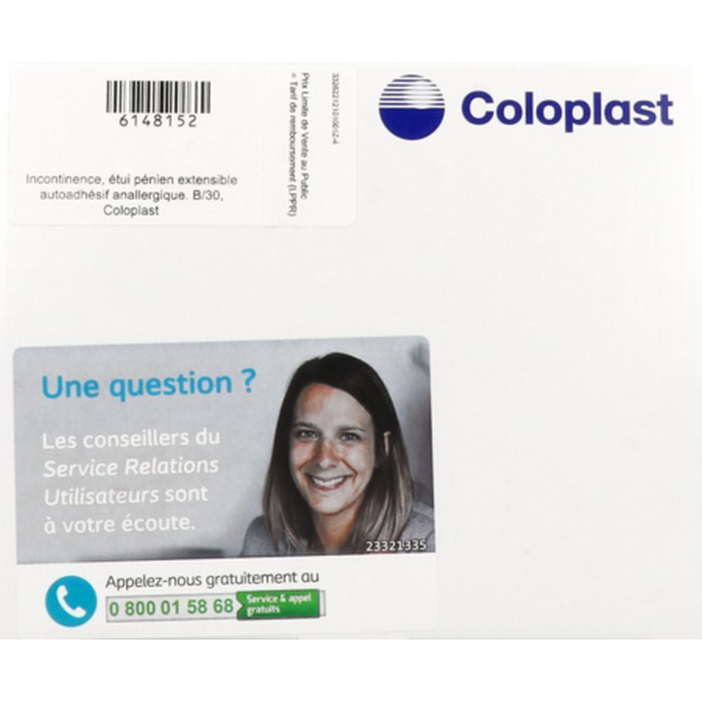 Emballage blanc Coloplast. Autocollant avec numéro de téléphone et visage de femme souriante.