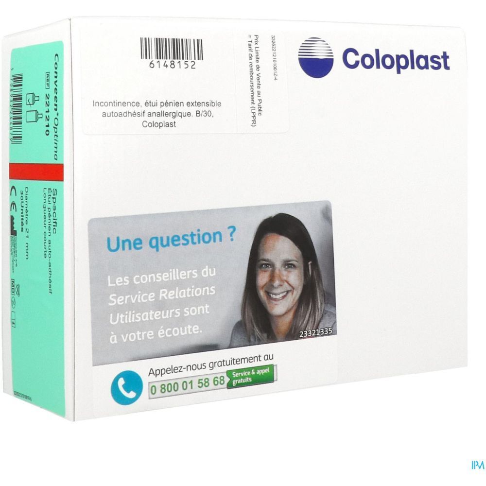 Boîte Coloplast avec informations produit. Autocollant avec numéro de téléphone et visage de femme.