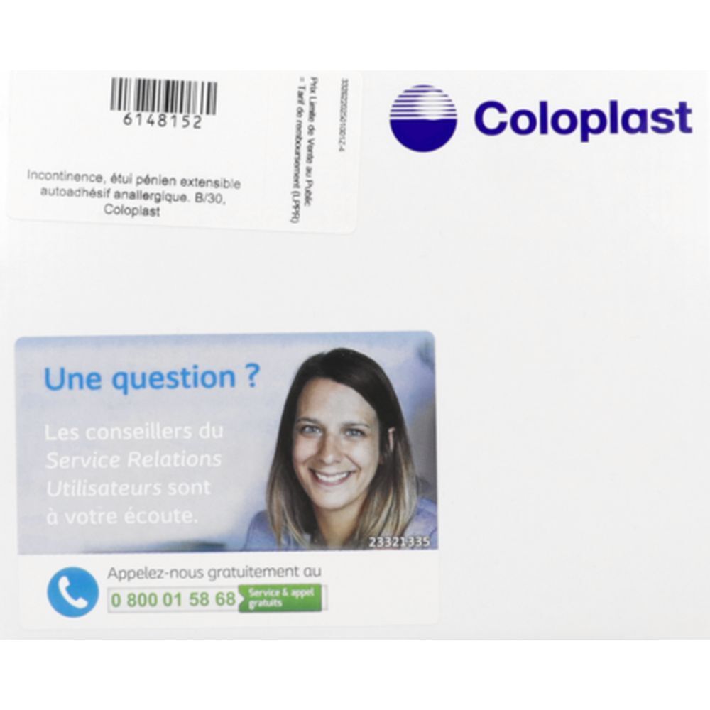 Emballage blanc Coloplast. Autocollant avec informations de contact et visage souriant. Texte: Une question ?