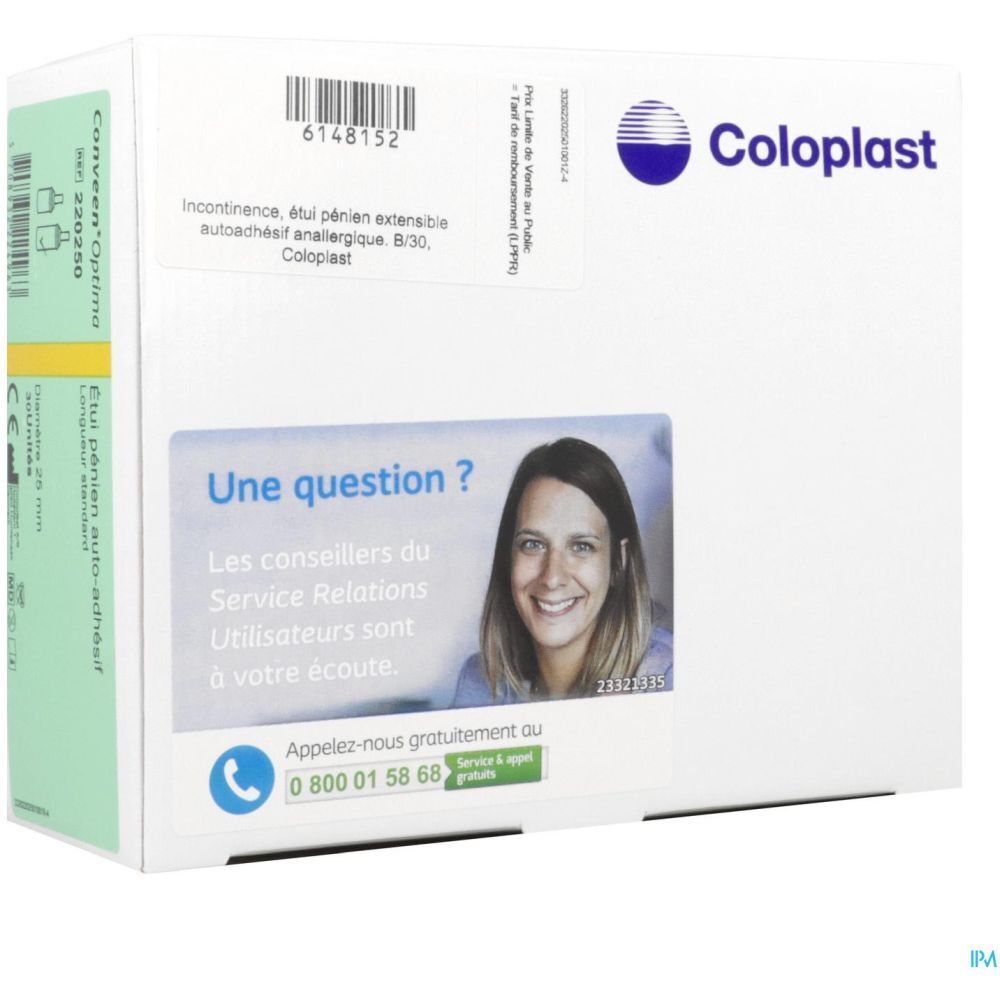 Boîte blanche Coloplast. Autocollant avec informations de contact et visage souriant. Vue en perspective.